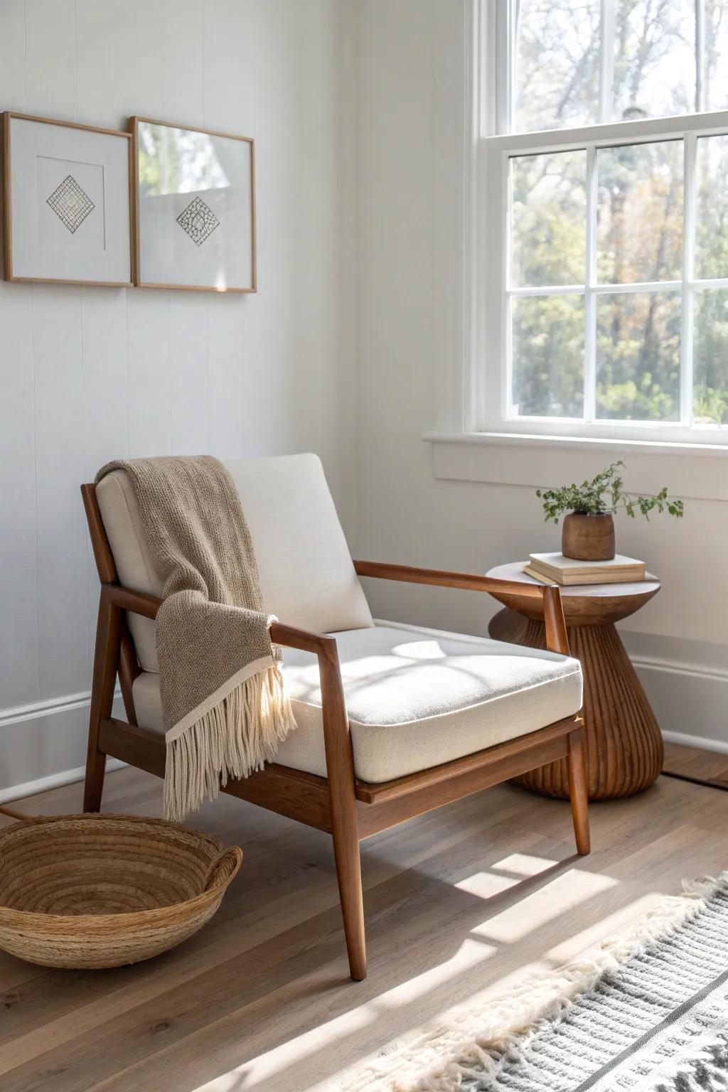 Sunlit corner reading chair in warm wood—minimal Scandinavian style with a soft boho throw.