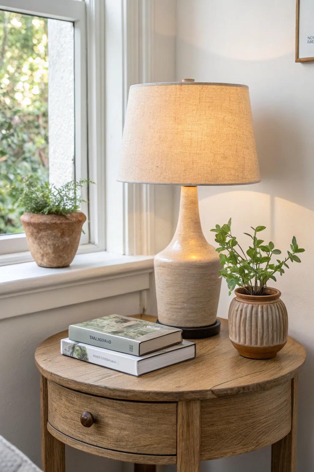 Corner table classic: warm lamp glow, a chic book stack, and a fresh leafy plant.