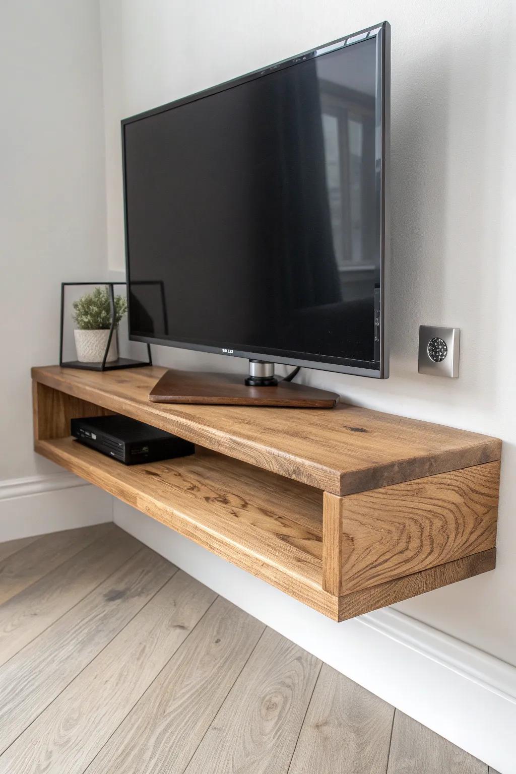 A thick reclaimed-wood triangle shelf that floats cleanly in the corner—minimal, sturdy, timeless.
