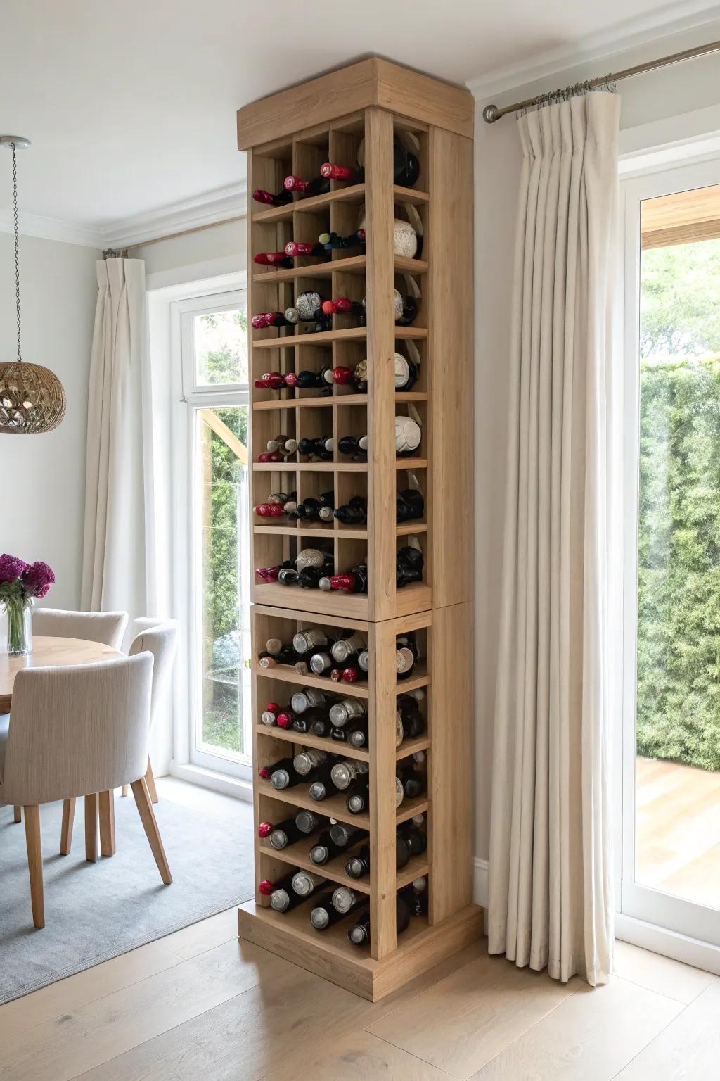 Floor-to-ceiling corner wine column: vertical storage that feels built-in, in warm natural oak.