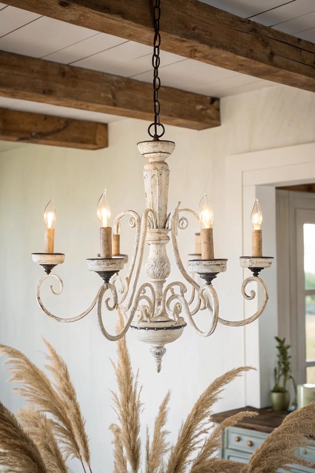 Distressed white French country chandelier with candle bulbs for romantic cottage charm.