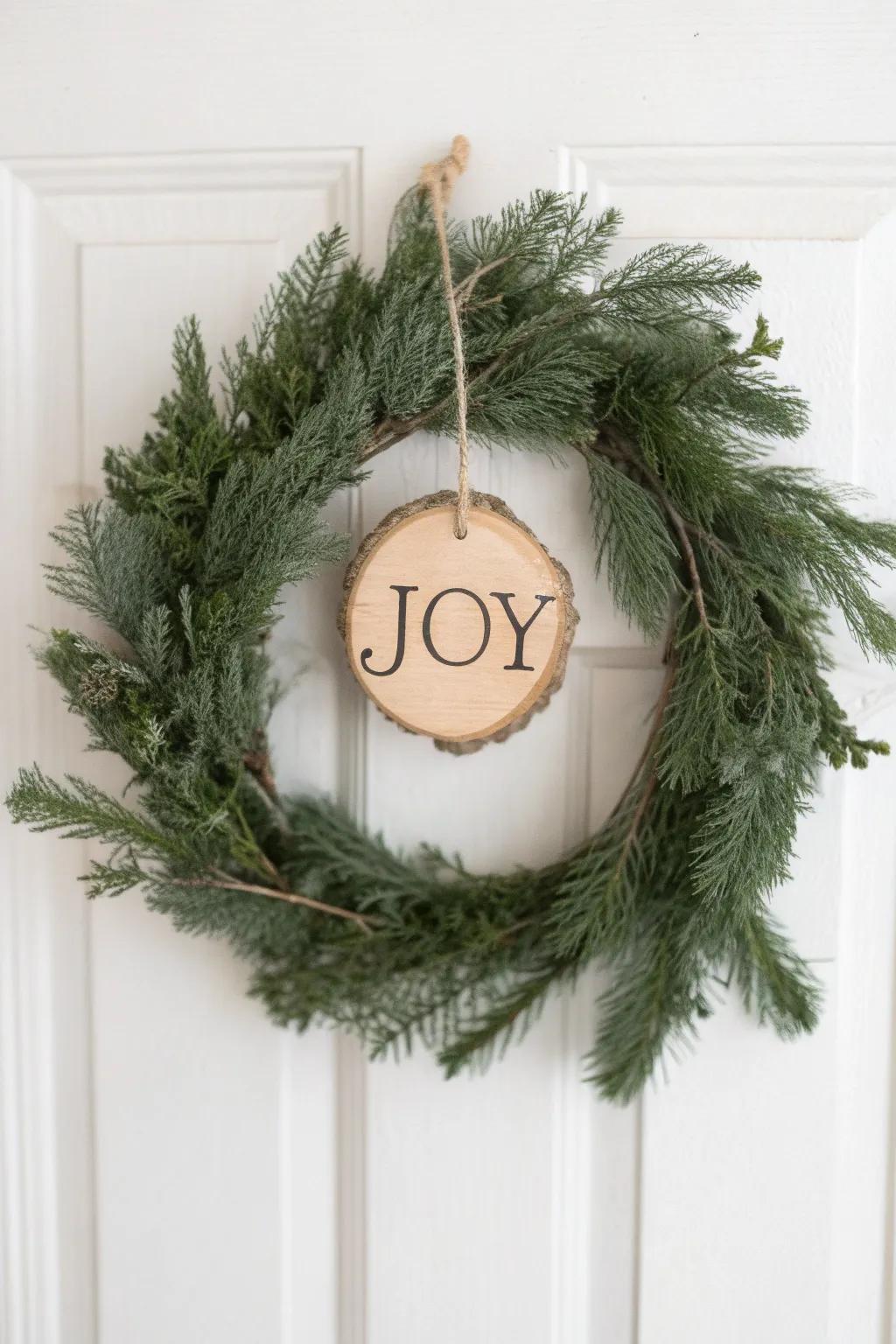 Classic evergreen wreath with a simple handmade wooden “JOY” tag—pure cottage charm.