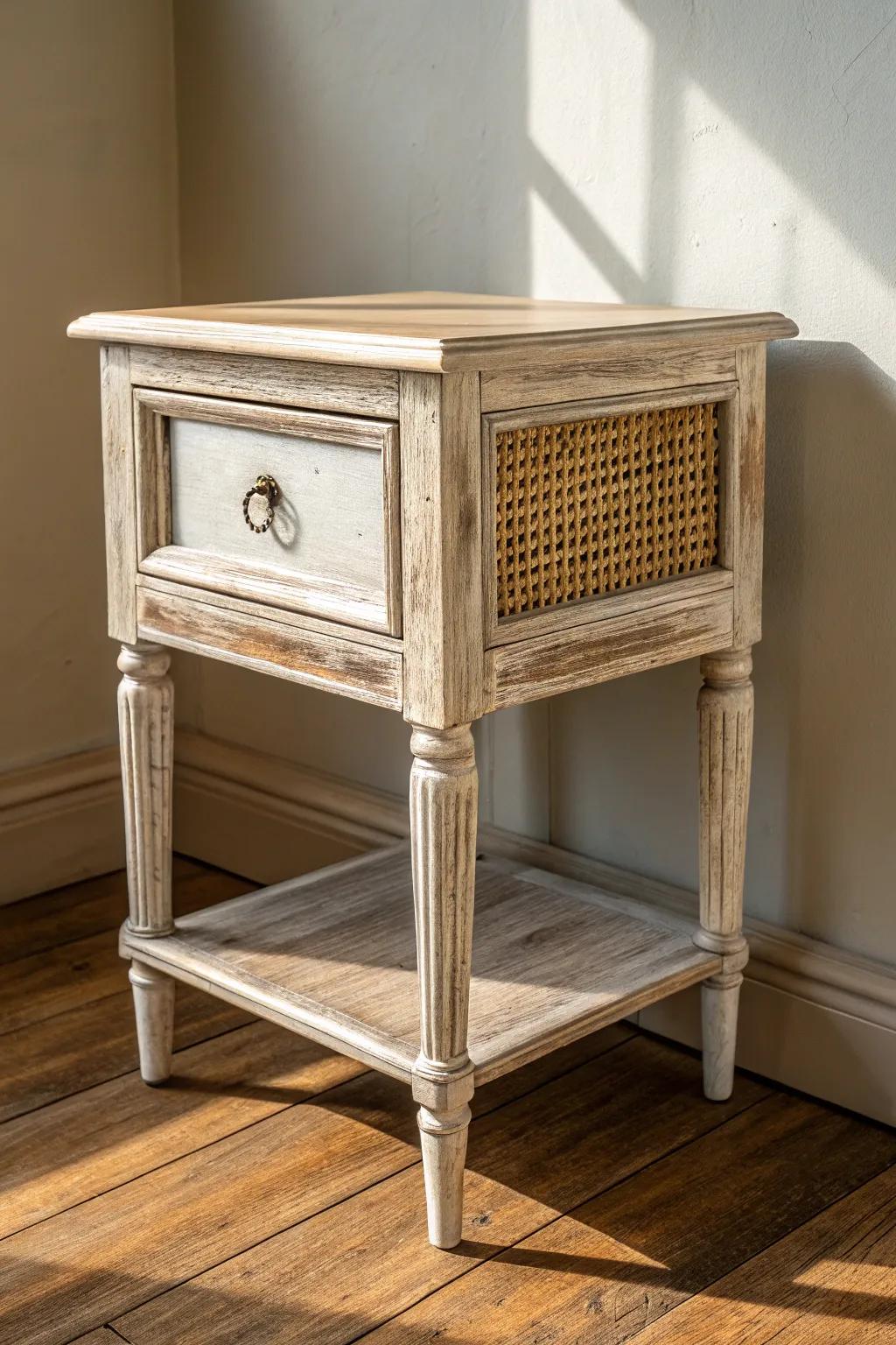 Whitewashed pine nightstand with visible grain—Scandi simplicity with cozy cottage farmhouse warmth.