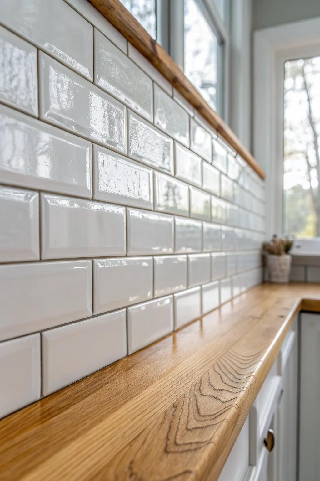 Handmade-look white subway tile brightens a cottage kitchen, perfect with warm wood counters.