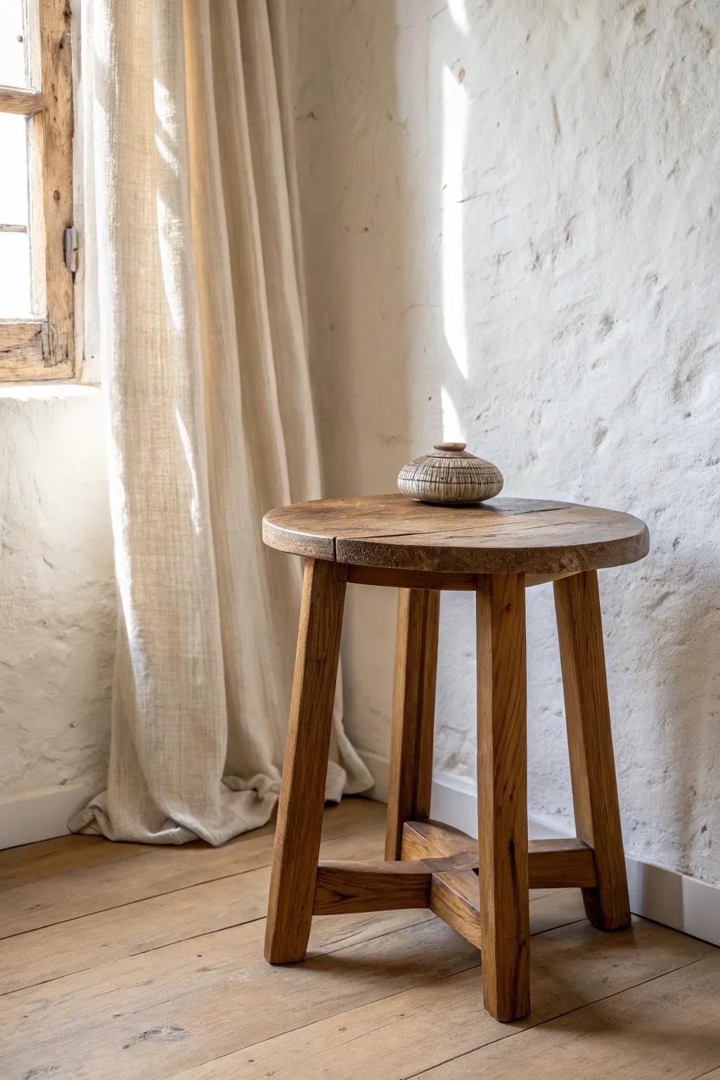 Creamy white walls let warm, aged wood glow—simple cottage charm with a handcrafted touch.