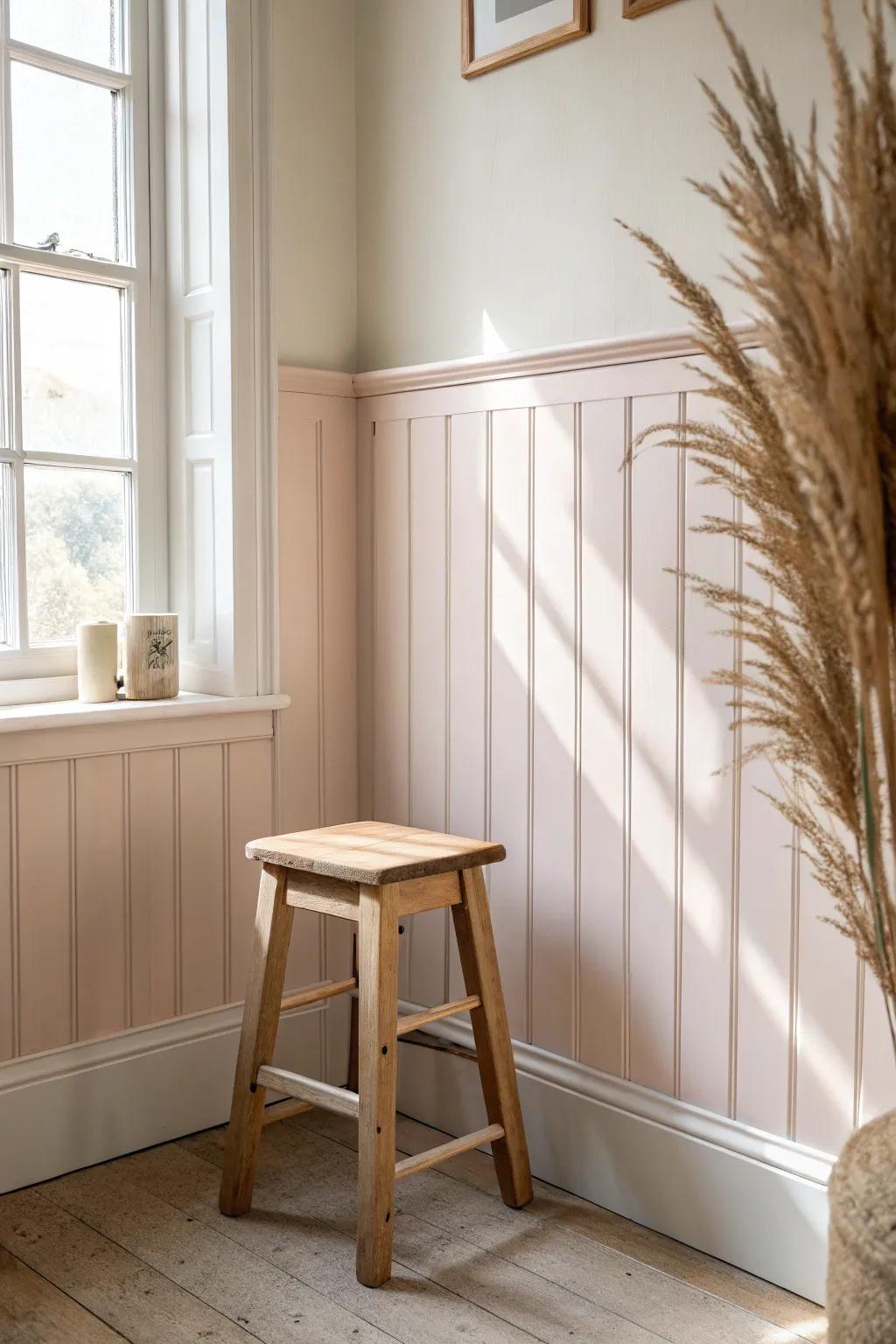 Soft pastel beadboard wainscoting brings instant cottagecore warmth—crafted, clean, and cozy.
