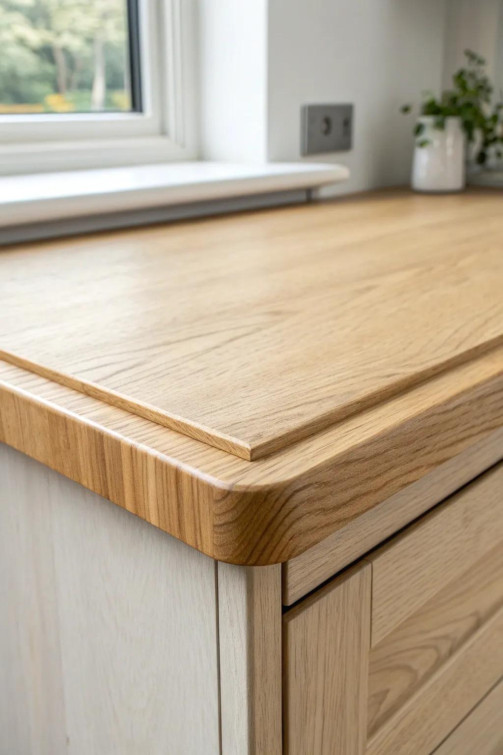 Simple eased edge + clean banding for a modern countertop finish that feels calm and crafted.
