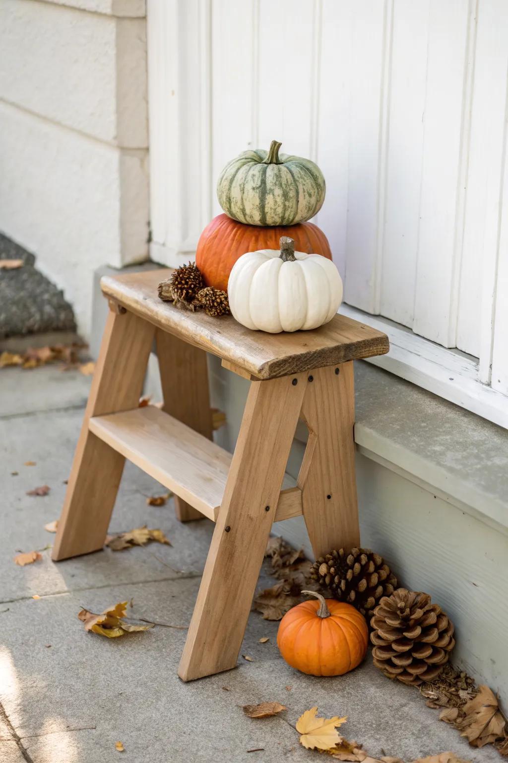 Stacked pumpkins + pinecones on a handmade oak stool for effortless country fall charm.
