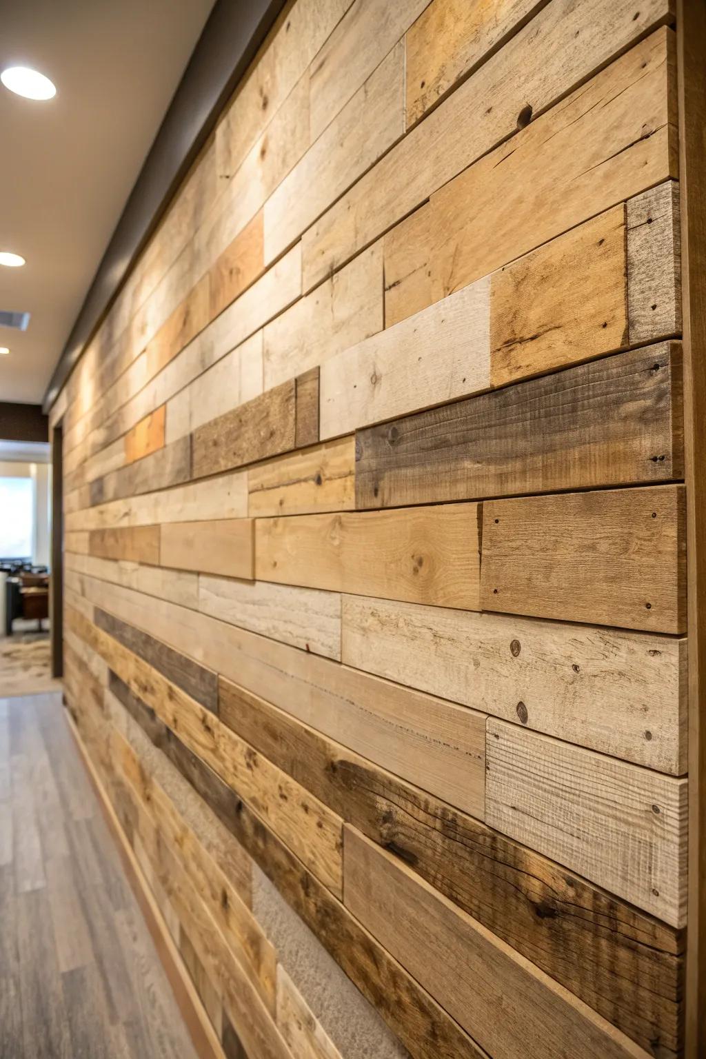 Reclaimed wood accent wall with aged, mixed-tone planks—instant country man cave character.