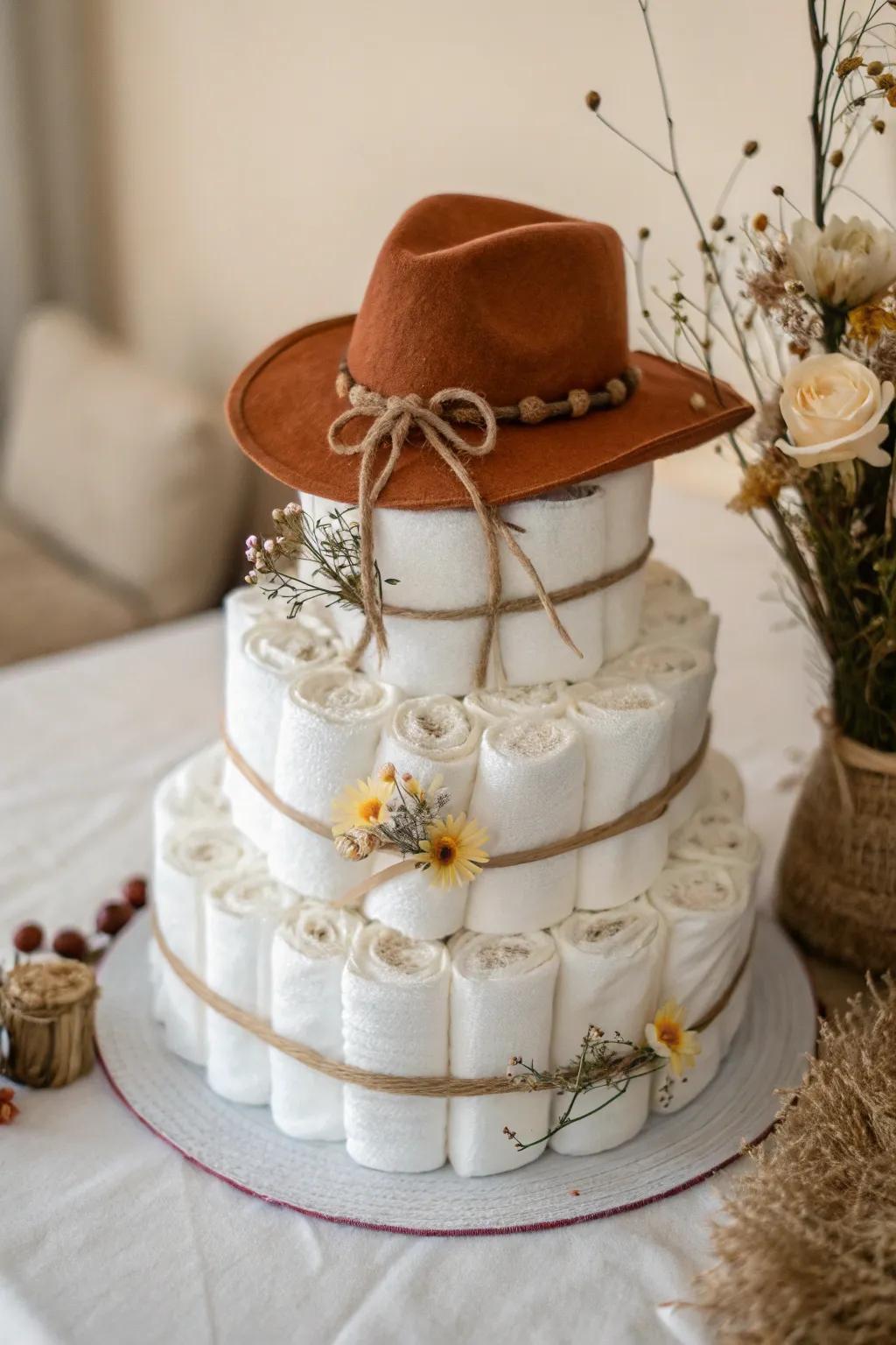 Embrace the Wild West with a touch of elegance: A charming cowboy hat tops off this beautifully crafted diaper cake.