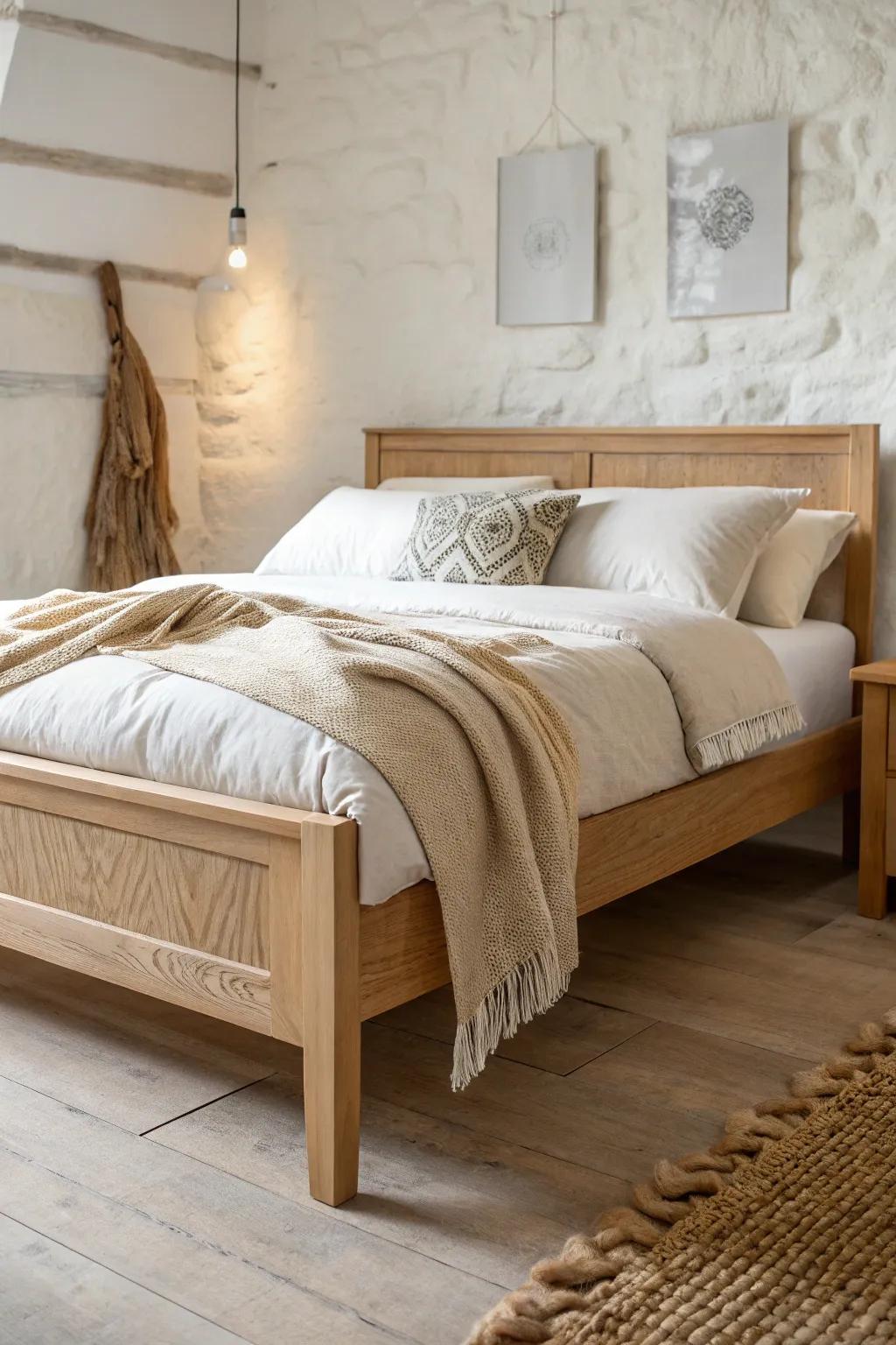 A handcrafted oak bed dressed in duvet, quilt, and throw layers—soft neutrals, cloud-cozy feel.