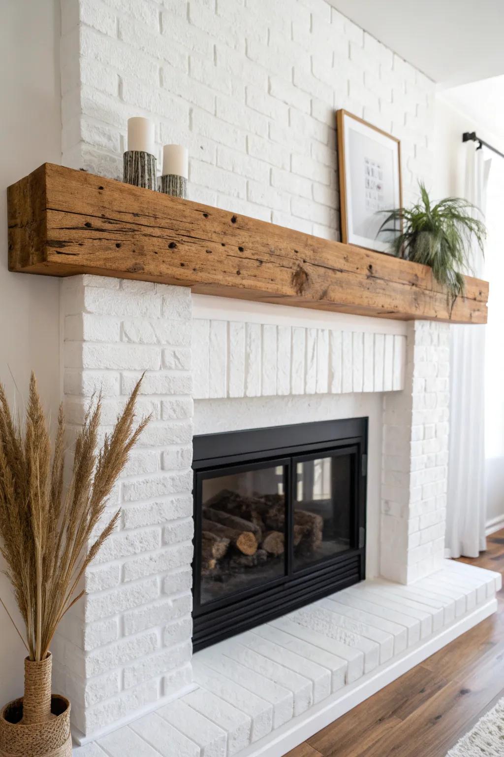 Reclaimed wood mantel beam with knots and tool marks—instant cozy character in firelight.