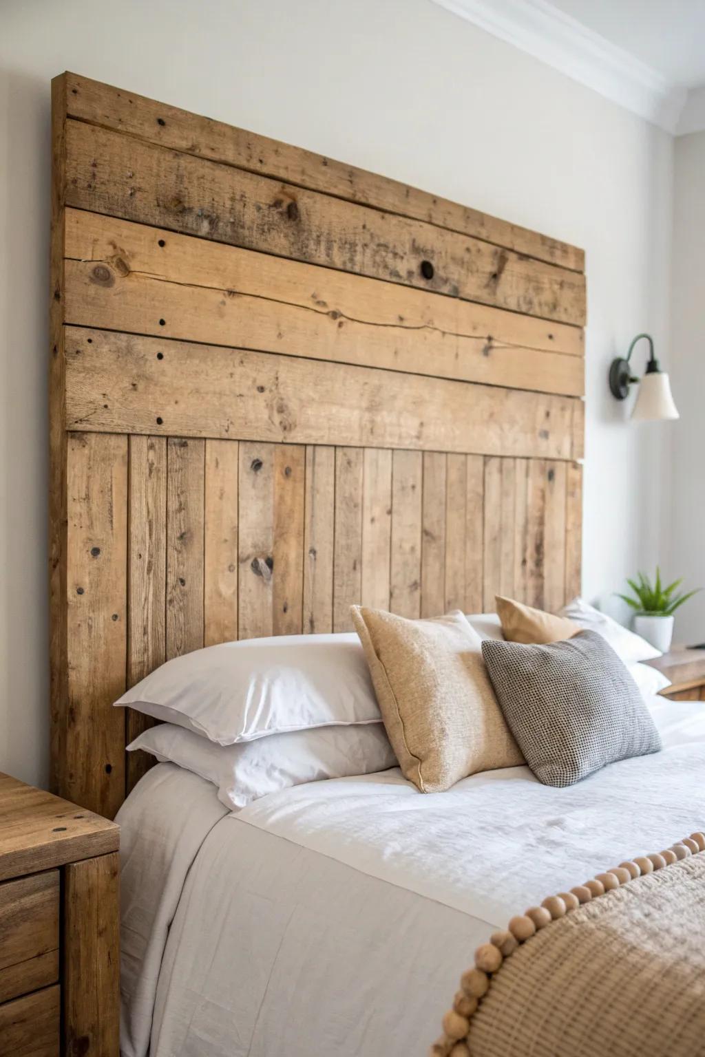 Reclaimed wood headboard with knots and saw marks—matte finished for cozy rustic warmth.