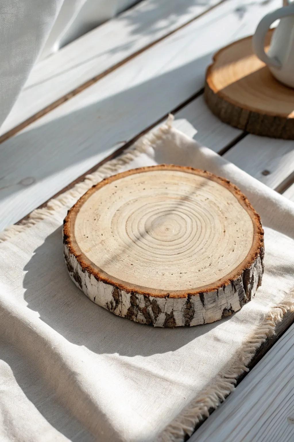 Simple wood slice coaster with a delicate burned rim—Scandi minimal, rustic, and gift-ready.