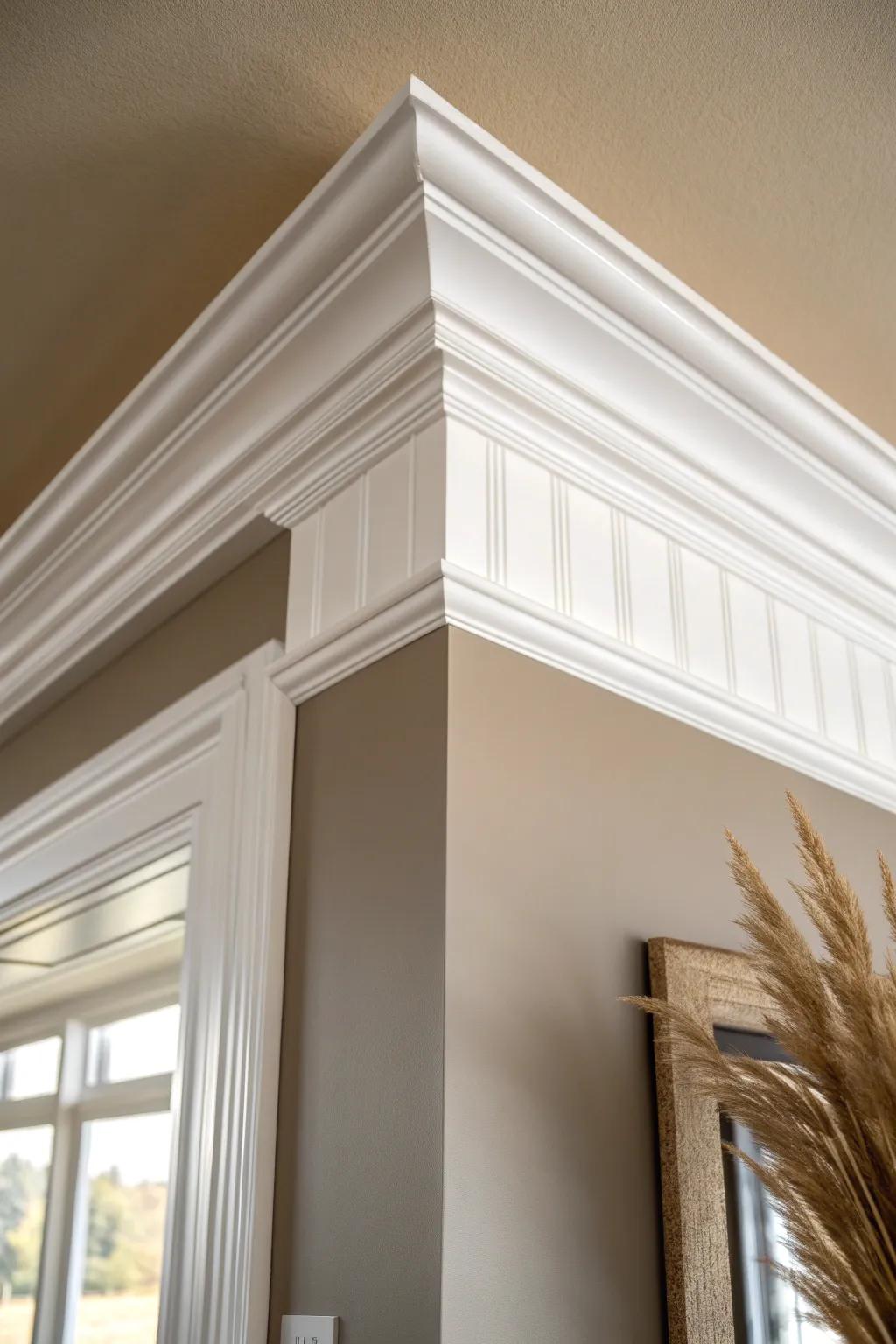 Classic white crown molding for a sharp, timeless ceiling line—clean, bright, and intentional.