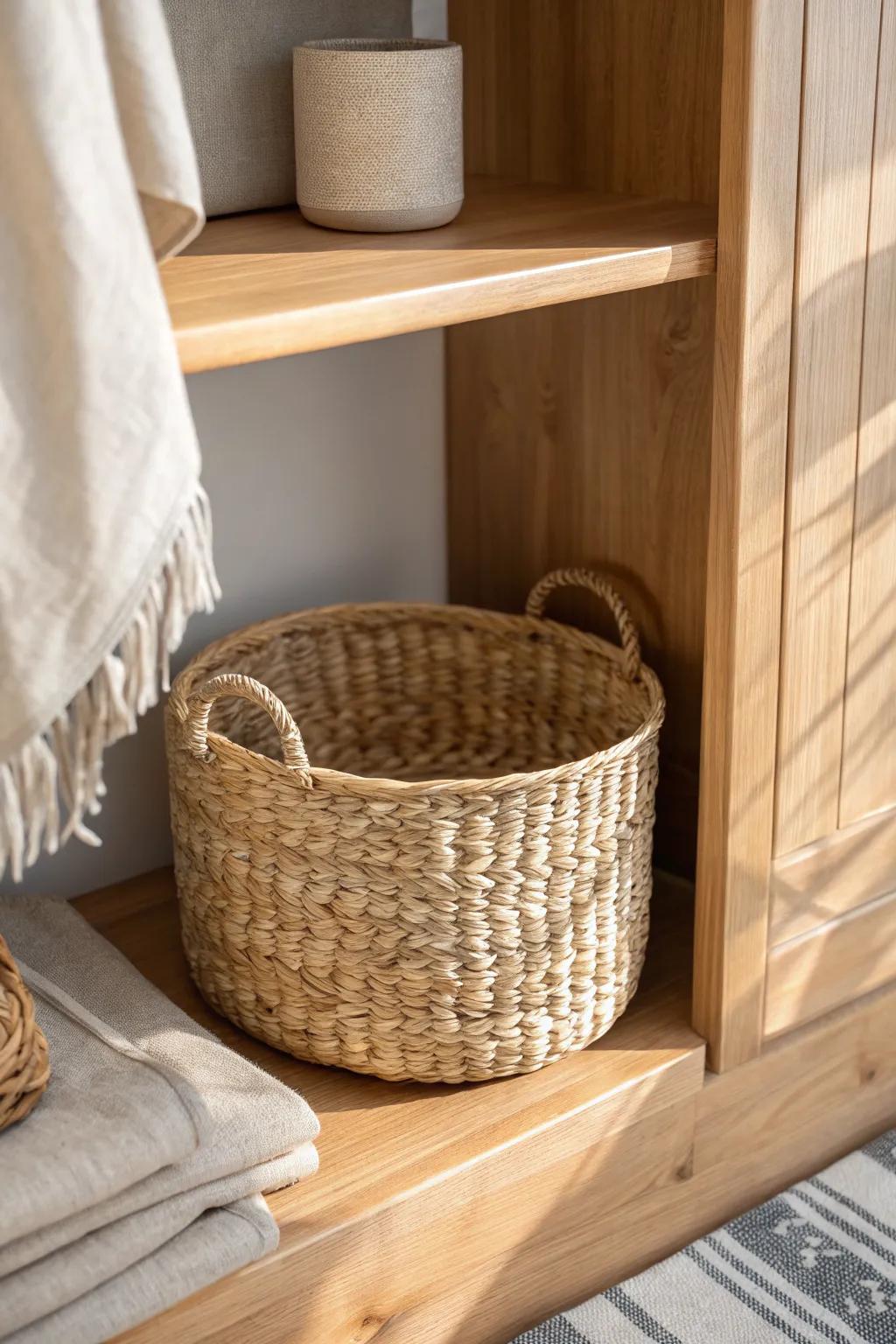 Matching woven baskets in a light oak cubby—simple texture, hidden clutter, instant calm.