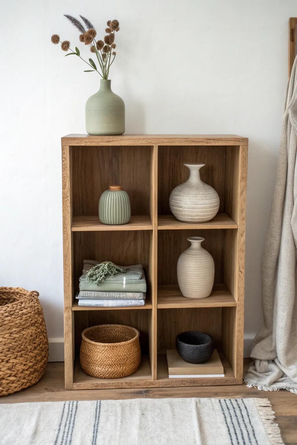 Calm cube shelf styling: repeat 3–4 hues across each cube for a cohesive, crafted look.