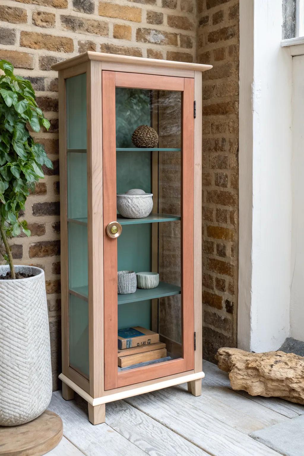 Muted oak outside, bold painted interior—refresh a glass-door cabinet to spotlight your treasures.
