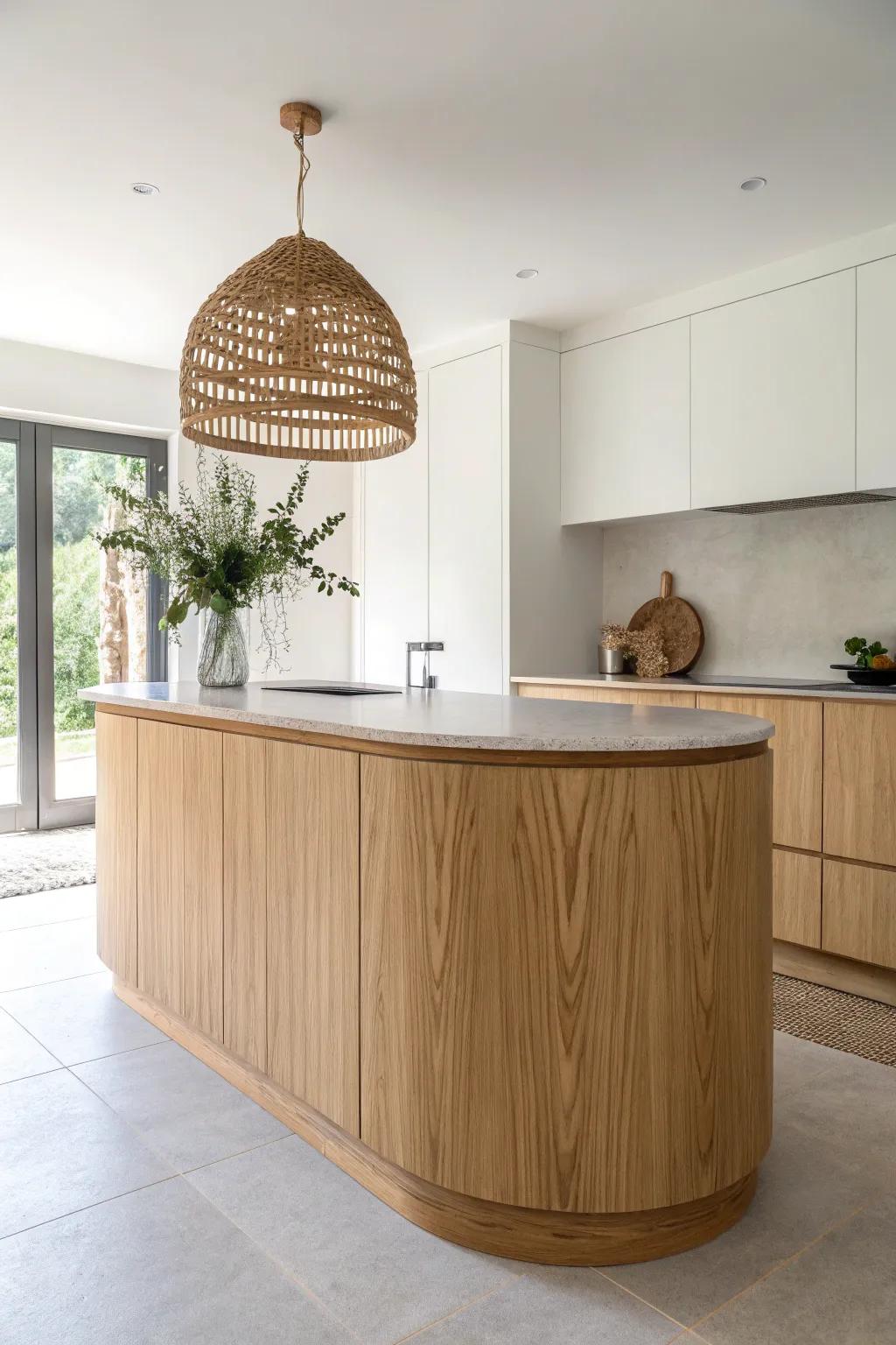 Pill-shaped oak island with soft curves—beautiful flow and no more bumped hips.