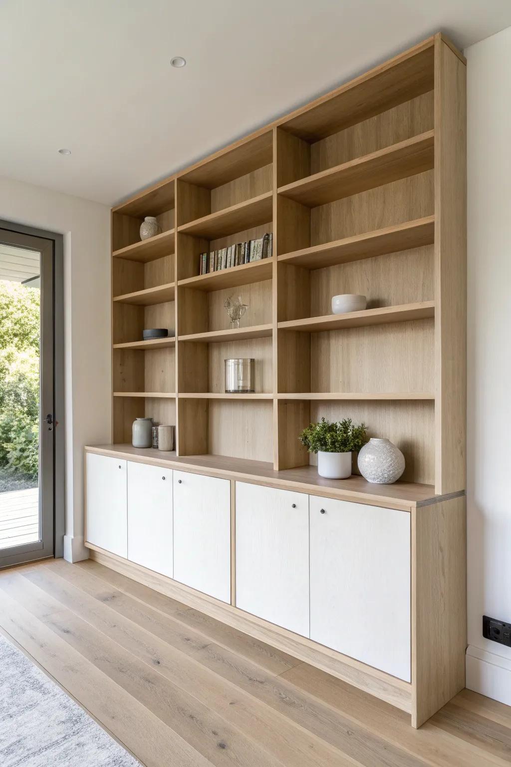 Seamless floor-to-ceiling built-in with open shelves and hidden base storage in light oak.