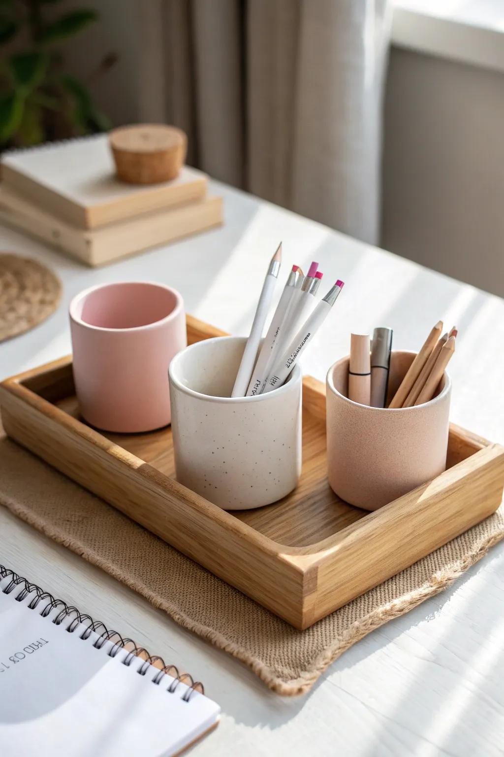 Matching pen cups on a handmade oak tray—soft tones that make any desk look finished.