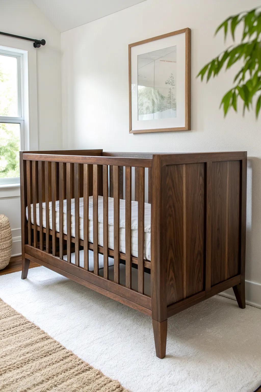 Dark brown crib on creamy white walls—rich wood grain, bright light, Scandinavian-boho calm.