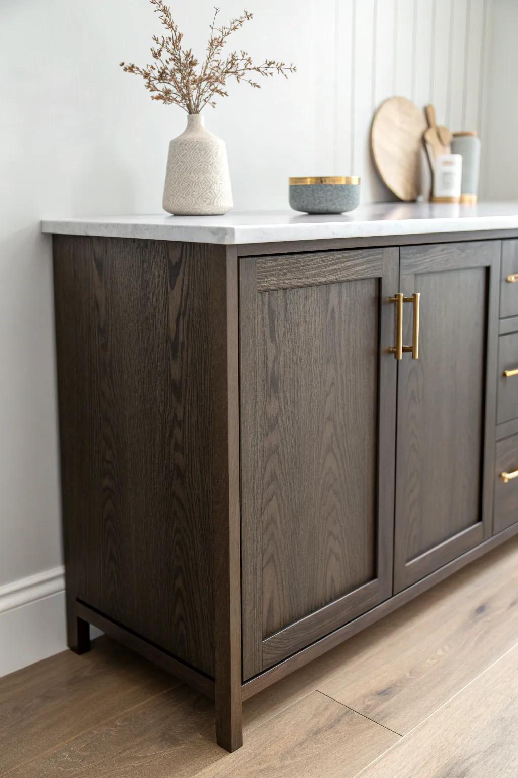 Dark wood cabinet, creamy white countertop—an instant contrast that keeps the kitchen light.