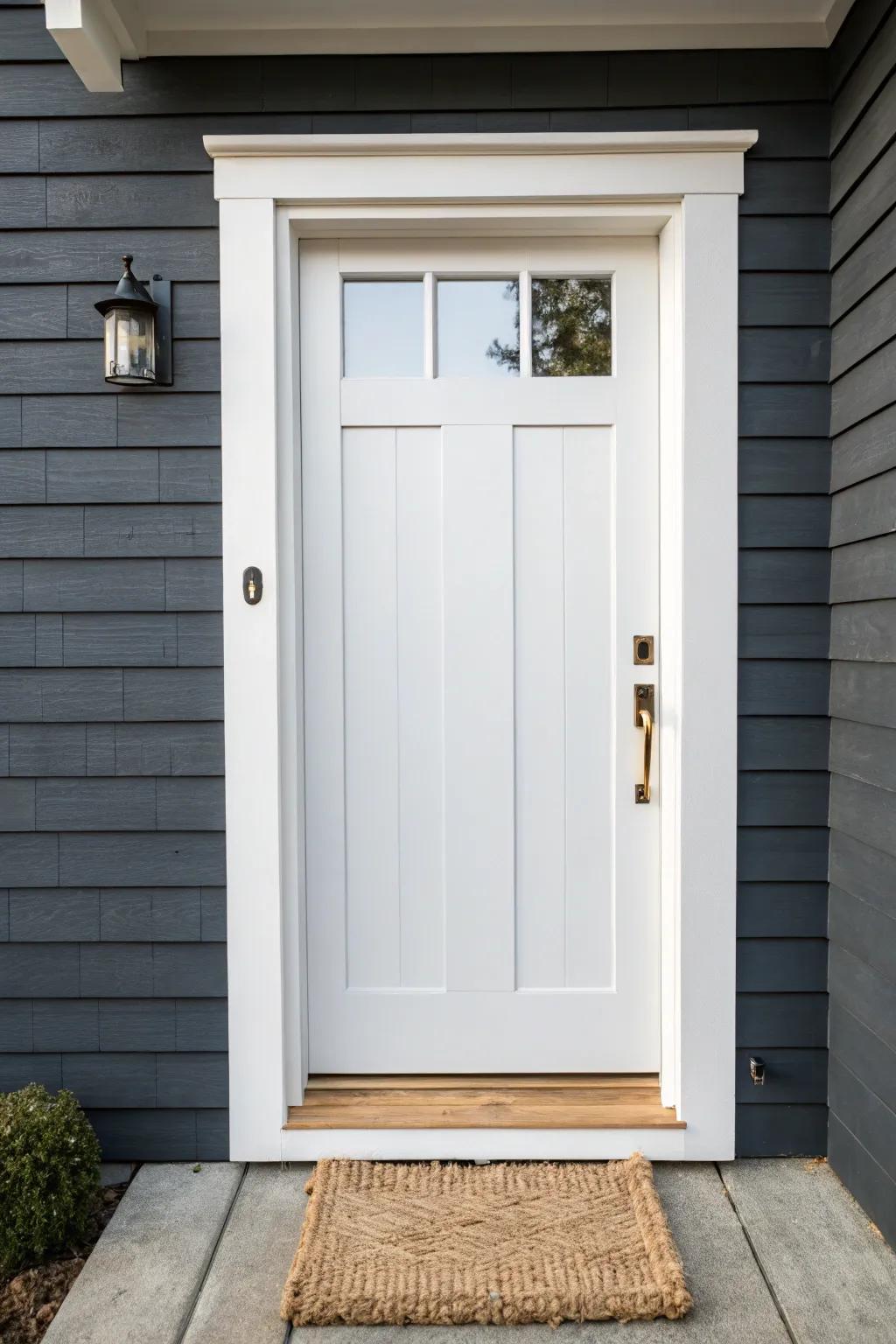 Crisp matte white wood door against dark gray siding for a bright, classic Scandinavian contrast.