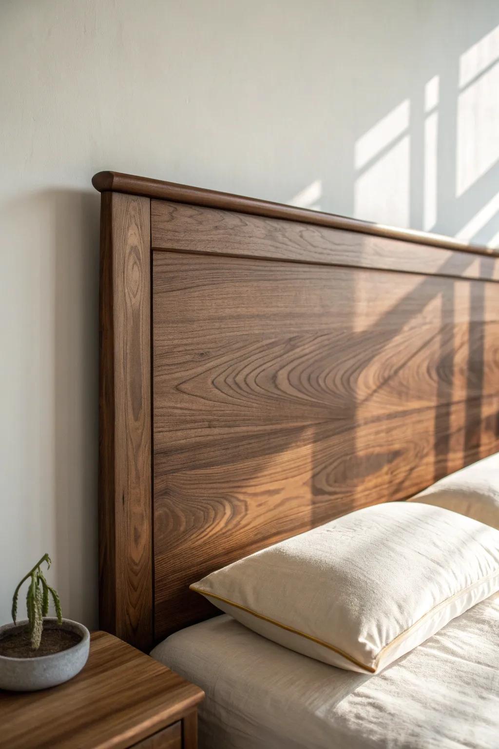 Warm white walls make a dark walnut headboard feel bold, airy, and beautifully crafted.