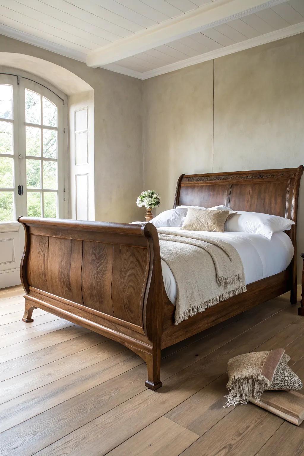 Dark wood sleigh bed against warm white walls—bright, timeless contrast with soft natural texture.