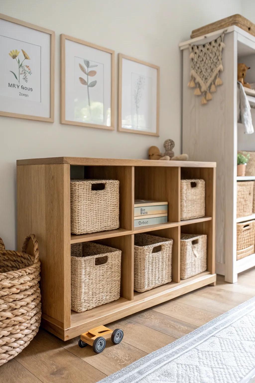 A low plywood cubby wall that keeps daycare toys organized—kid-friendly, sturdy, and beautiful.
