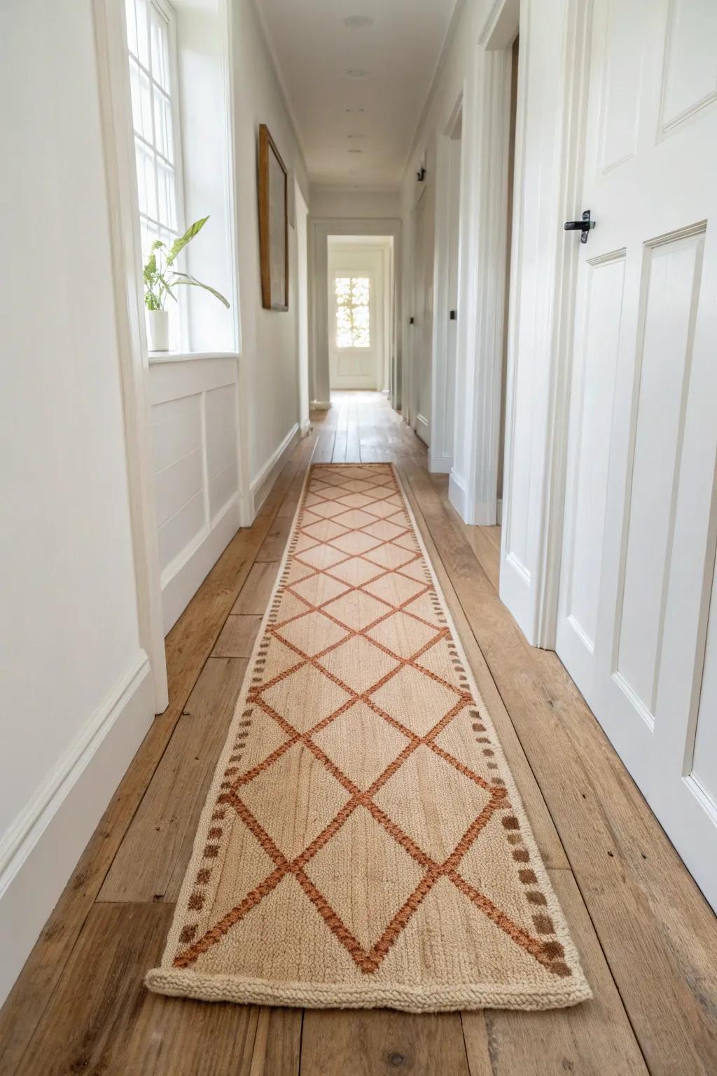 A long runner rug warms a narrow hallway and makes it feel longer—simple, cozy, crafted.