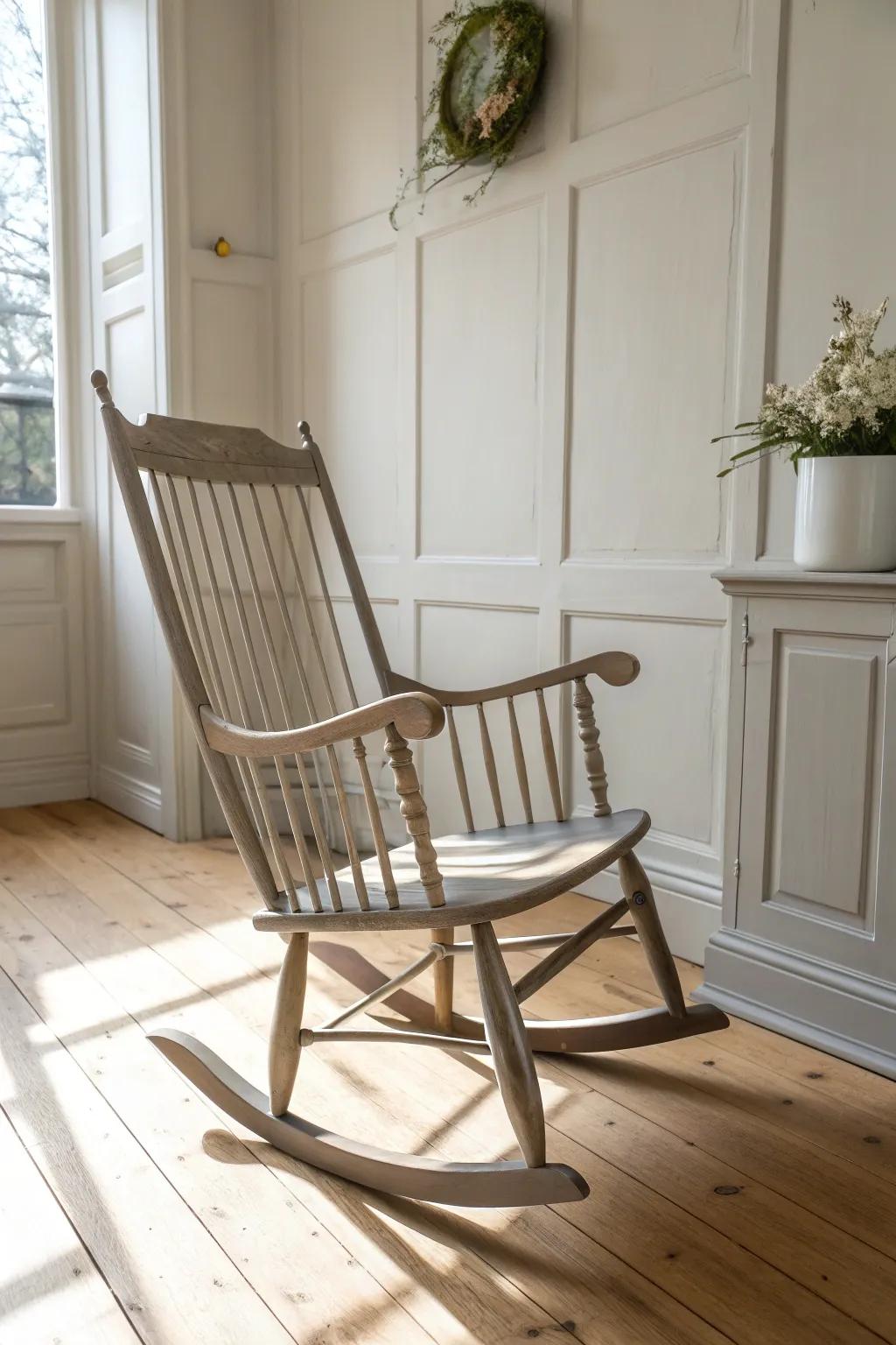 Classic painted refresh: a muted greige coat turns an old rocking chair into a modern heirloom.