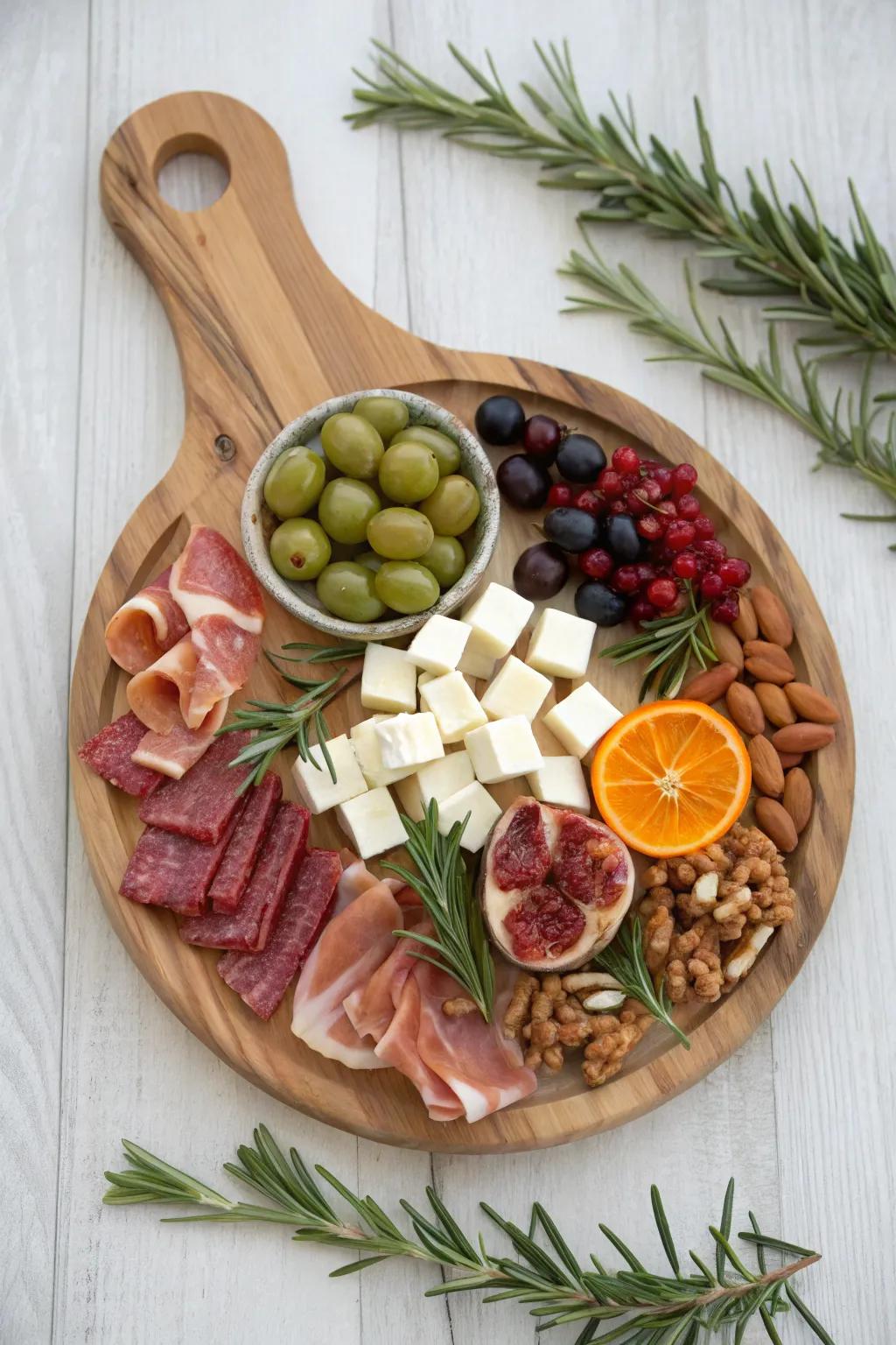 Classic wreath-ring charcuterie board with rosemary accents—festive, minimal, and beautifully crafted.