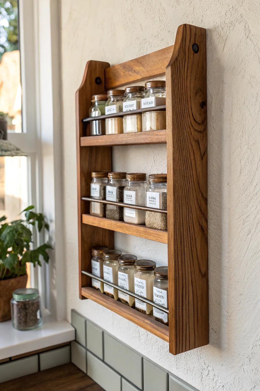 Warm oak tiered wall rack—uniform jars, slim rails, and clean lines for a tidy spice display.
