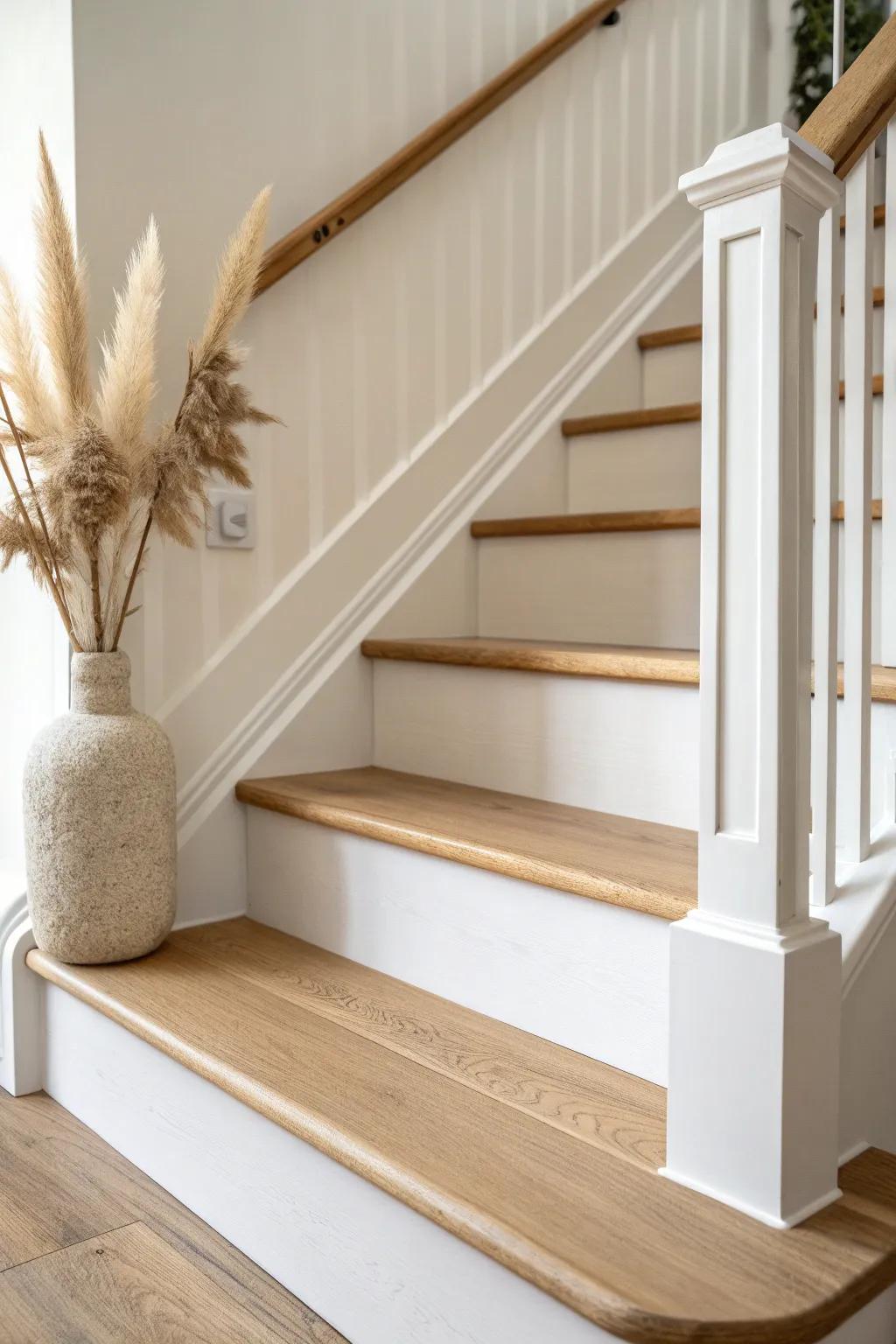 Crisp painted skirt board + oak treads for a sharp, intentional stair outline.