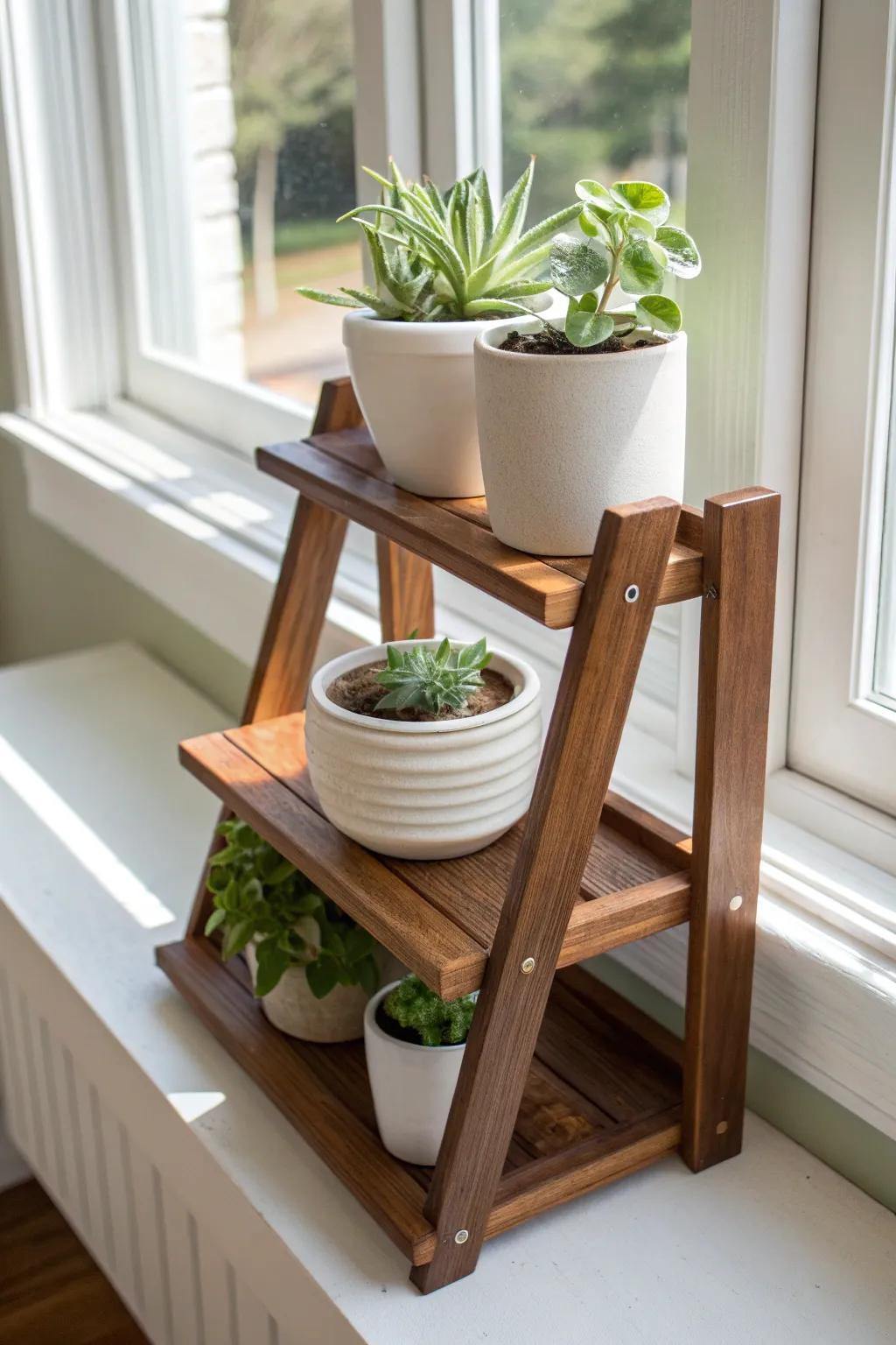 DIY layered wood risers turn a deep window sill into a sunlit, built‑in plant shelf.