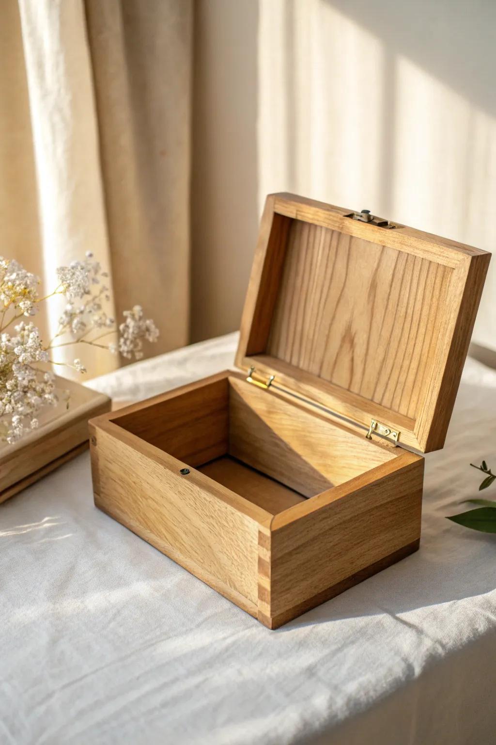 Timeless oak keepsake box with a smooth hinged lid—minimal, warm, and beautifully crafted.