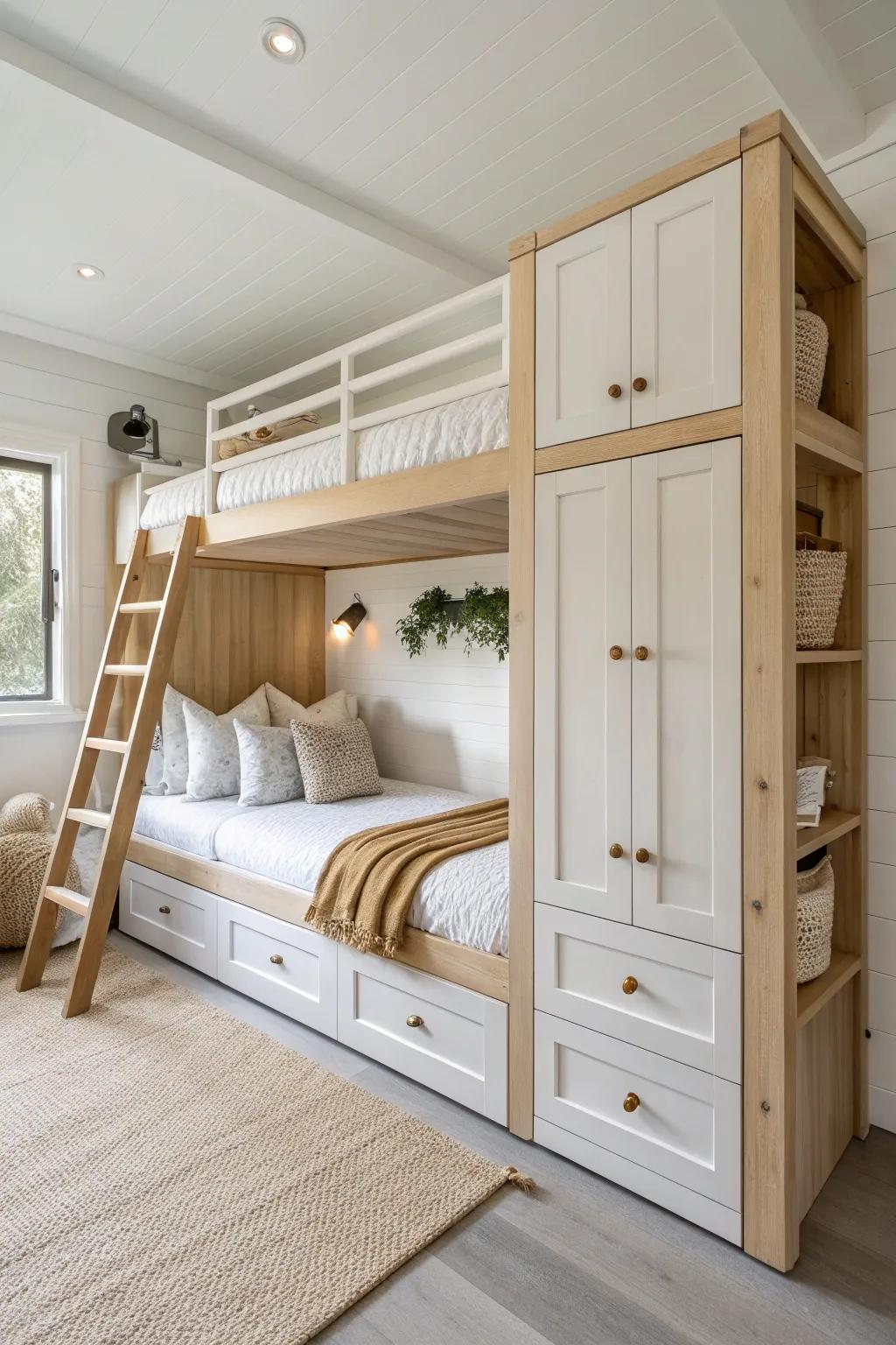 Wall-to-wall built-in bunks with wide face frames and crisp reveals—custom millwork perfection.