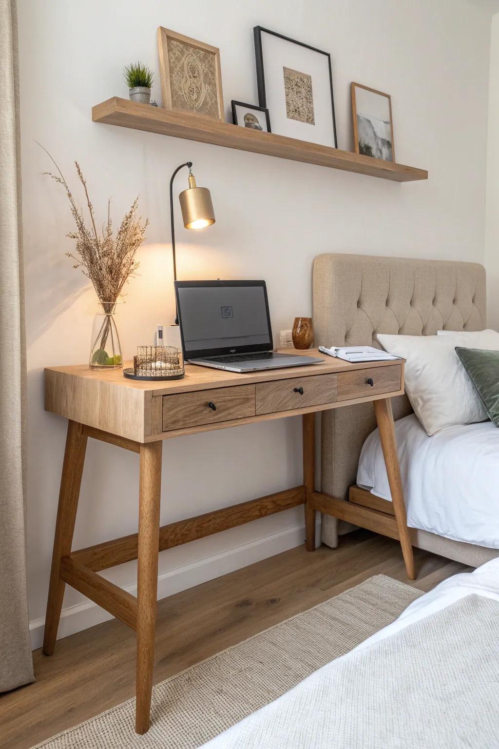 Slim oak console desk behind the headboard—work nook that keeps the bed side calm and tidy.