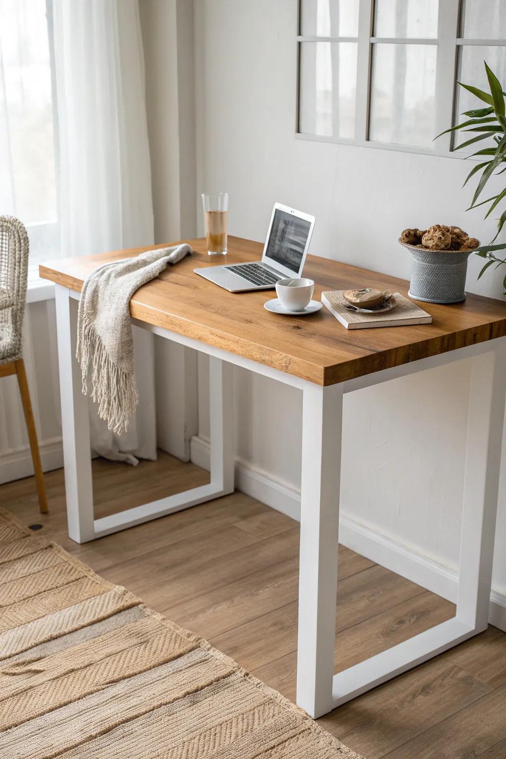 Thick butcher block top + simple straight legs—an easy DIY desk that feels custom.