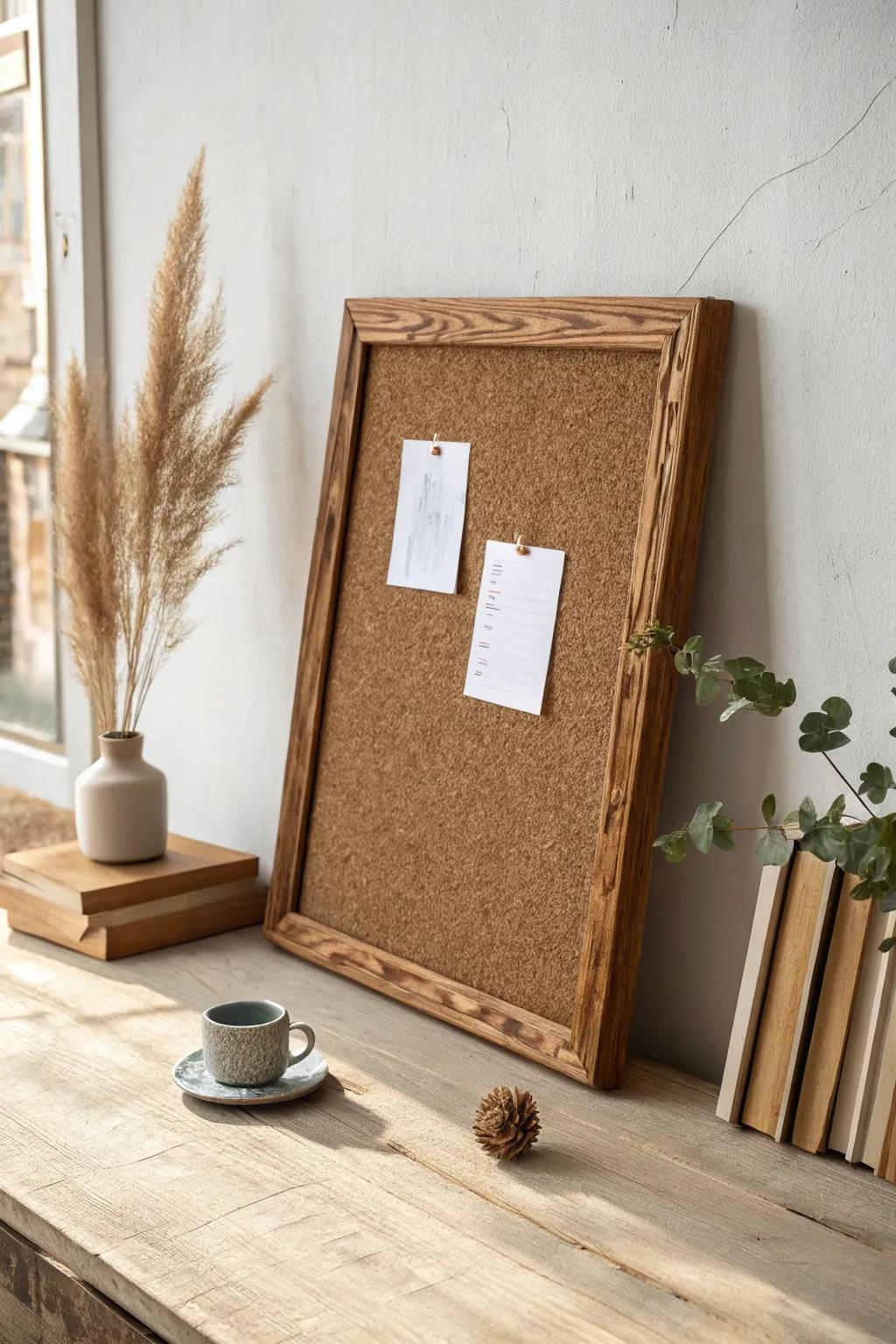 A chunky wood-framed cork board that matches your desk—clean, classic, and decor-ready.