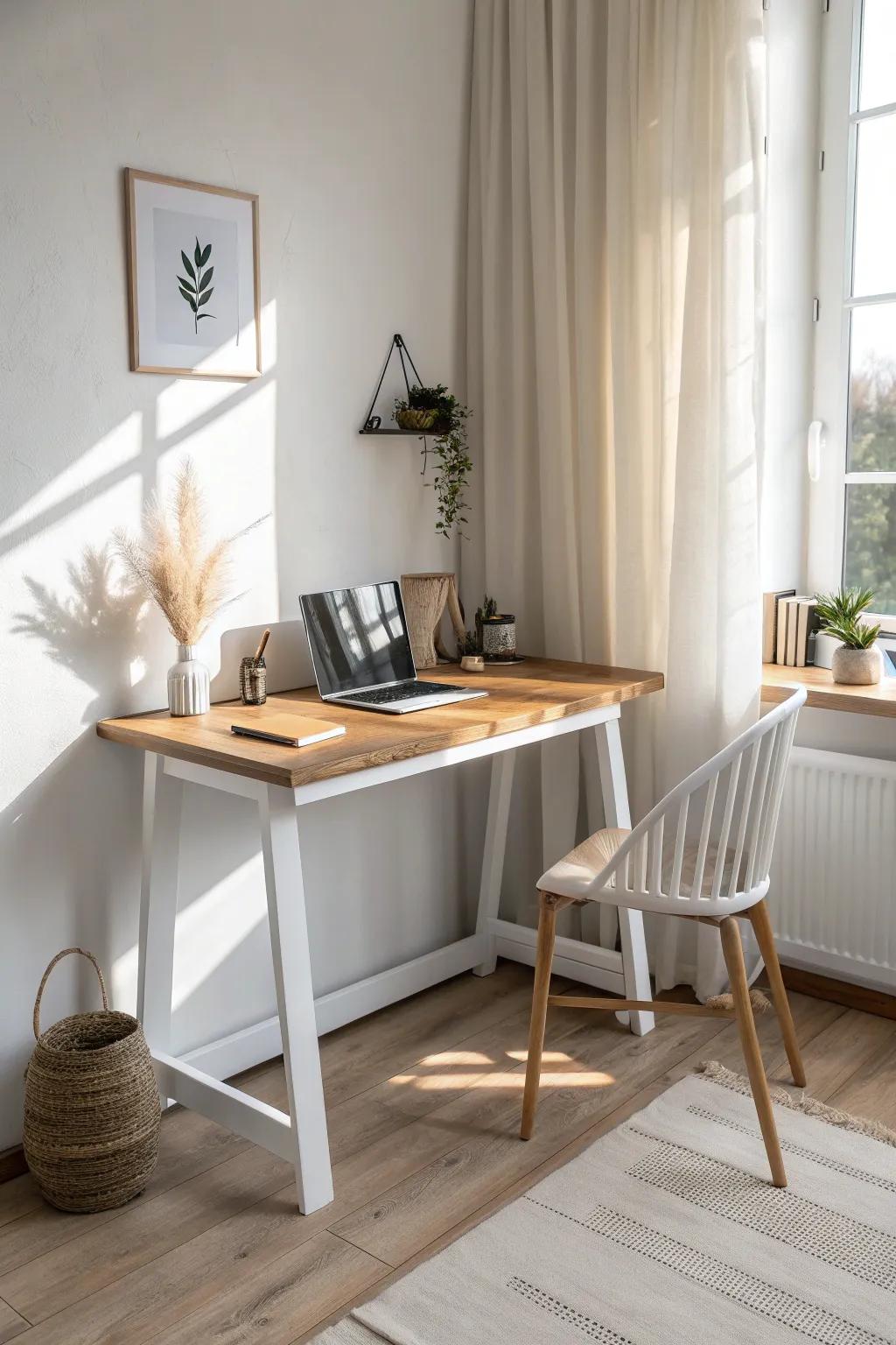 A tucked-in corner desk that opens up your bedroom—light oak, clean lines, zero bulk.