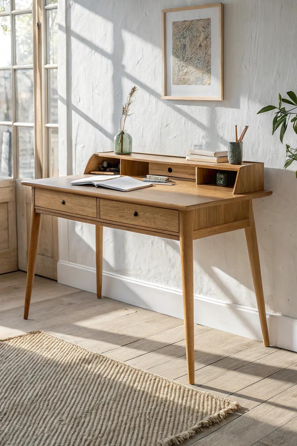 Classic oak writing desk with tapered legs—light, airy, and crafted for long work sessions.