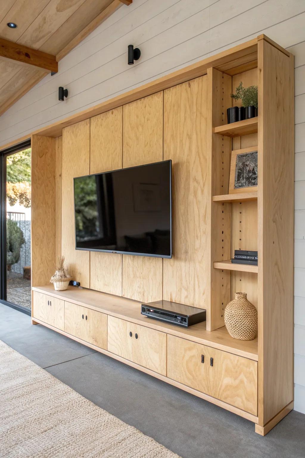A clean plywood media wall turns a detached garage into a classic, cozy lounge centerpiece.