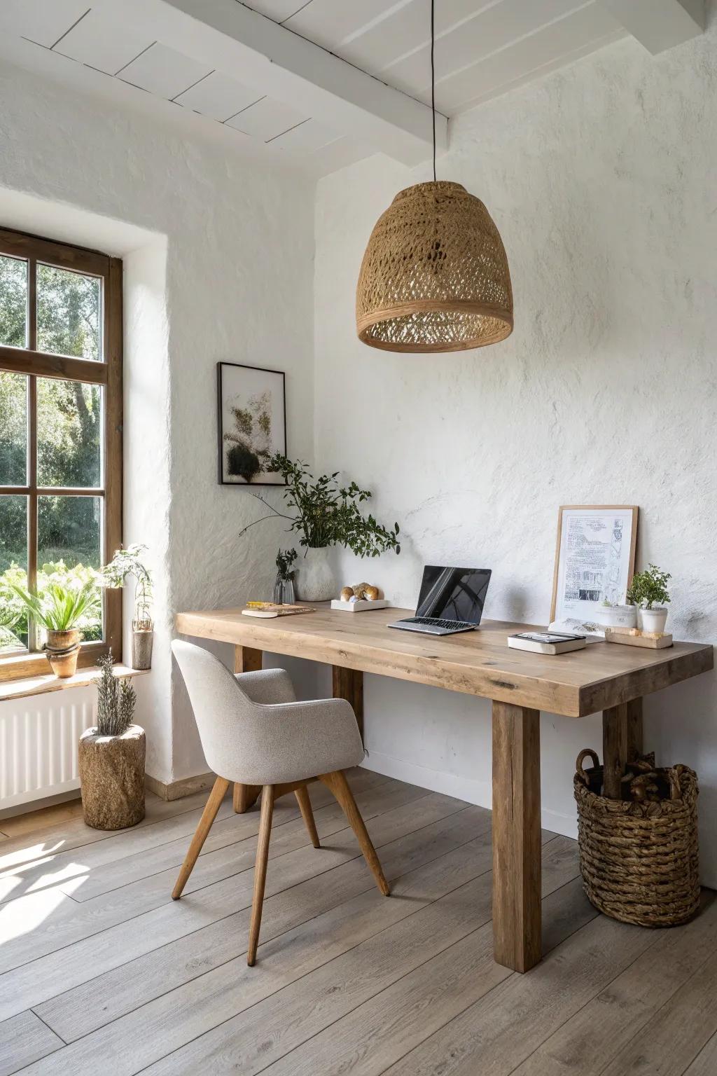 A wall-to-wall oak desk and centered pendant make this dining room office feel built-in.