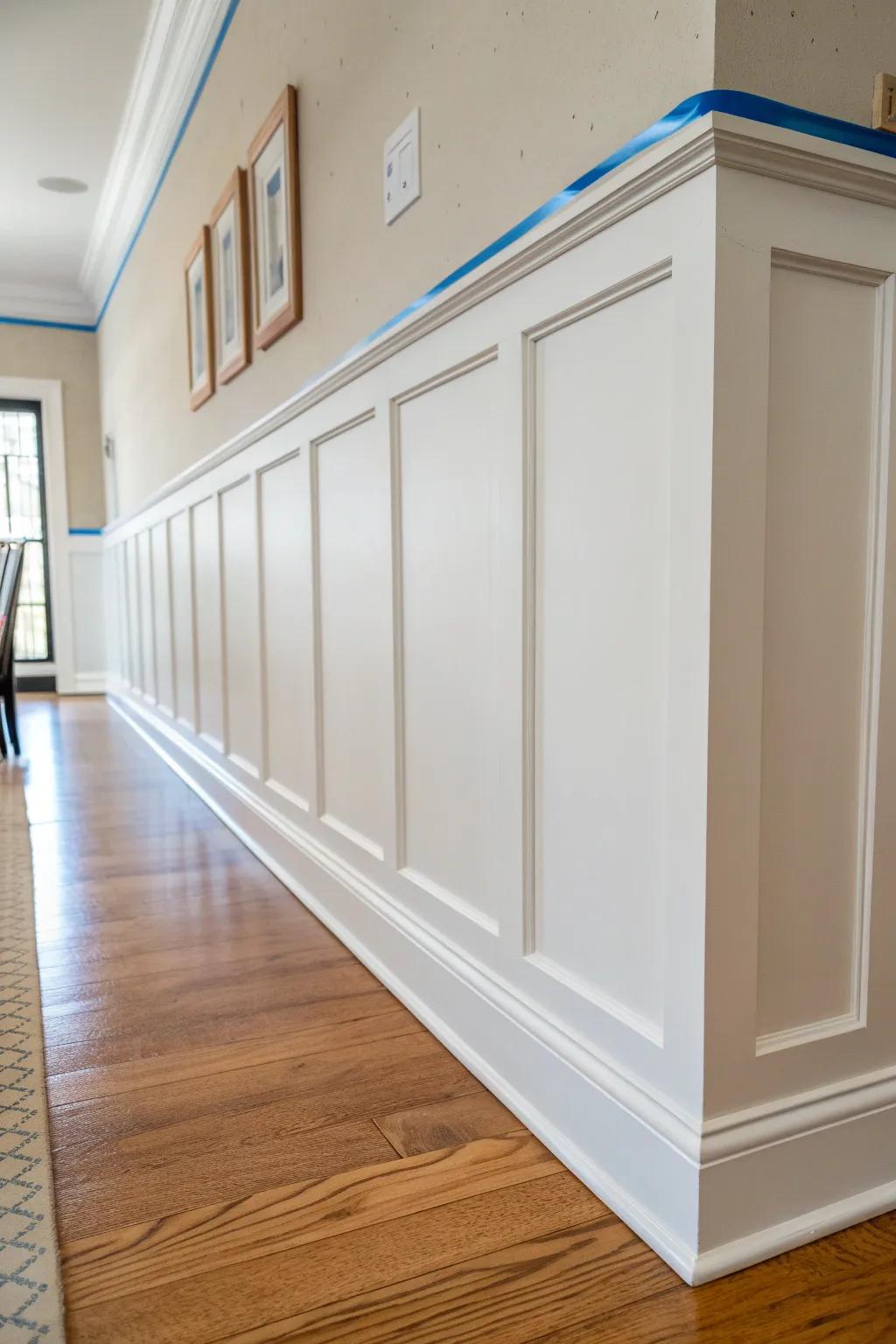 Classic half-wall wainscoting: timeless dining room charm that protects walls from chair scuffs.