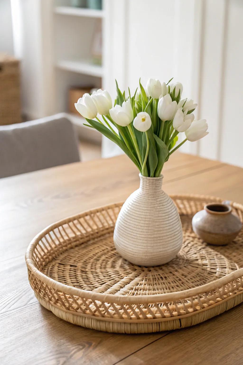 A classic woven tray and a simple vase of fresh tulips for effortless dining table style.