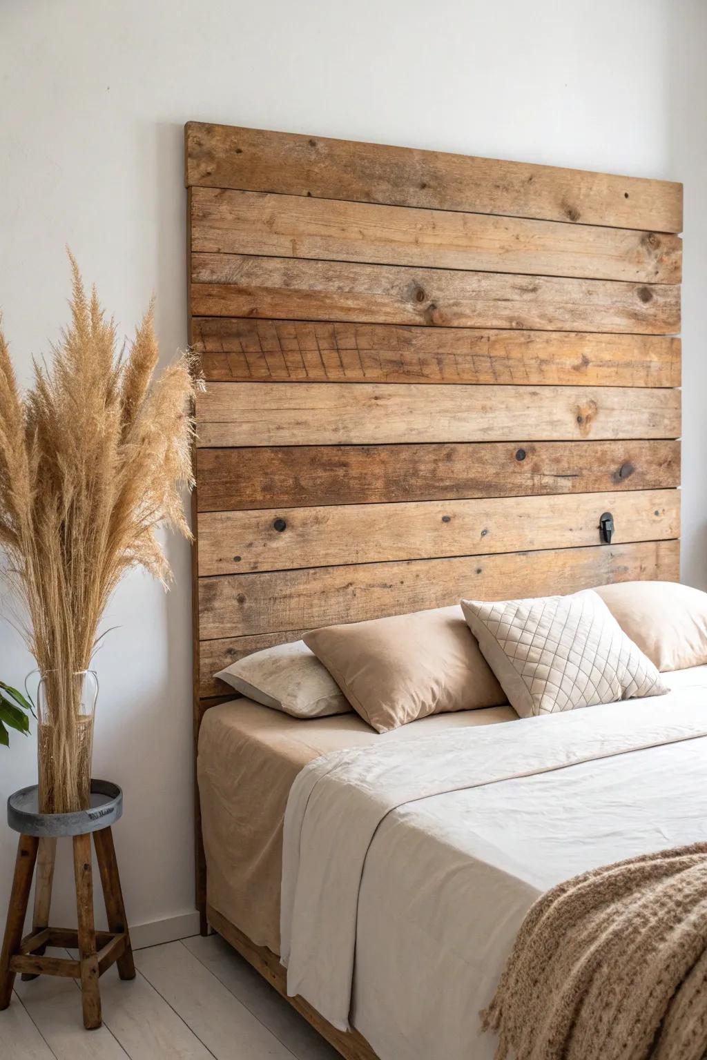 Reclaimed plank headboard: wider, warmer, and full of rustic character with zero fuss.