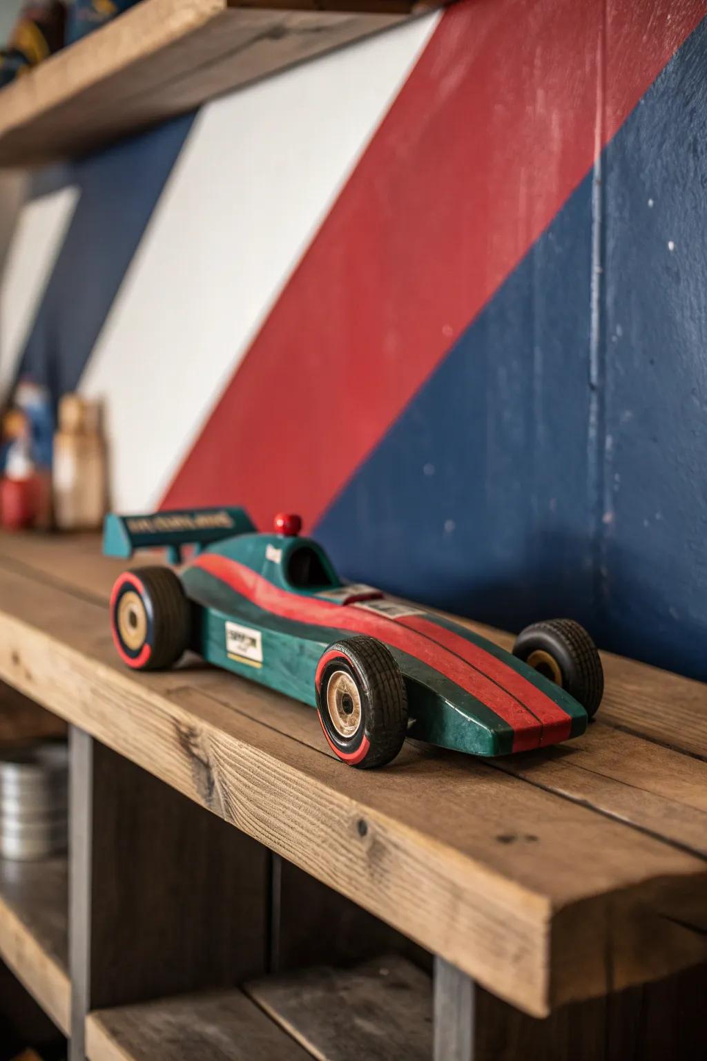 Add a splash of adventure to any boys room with this handcrafted, bold-colored race car!